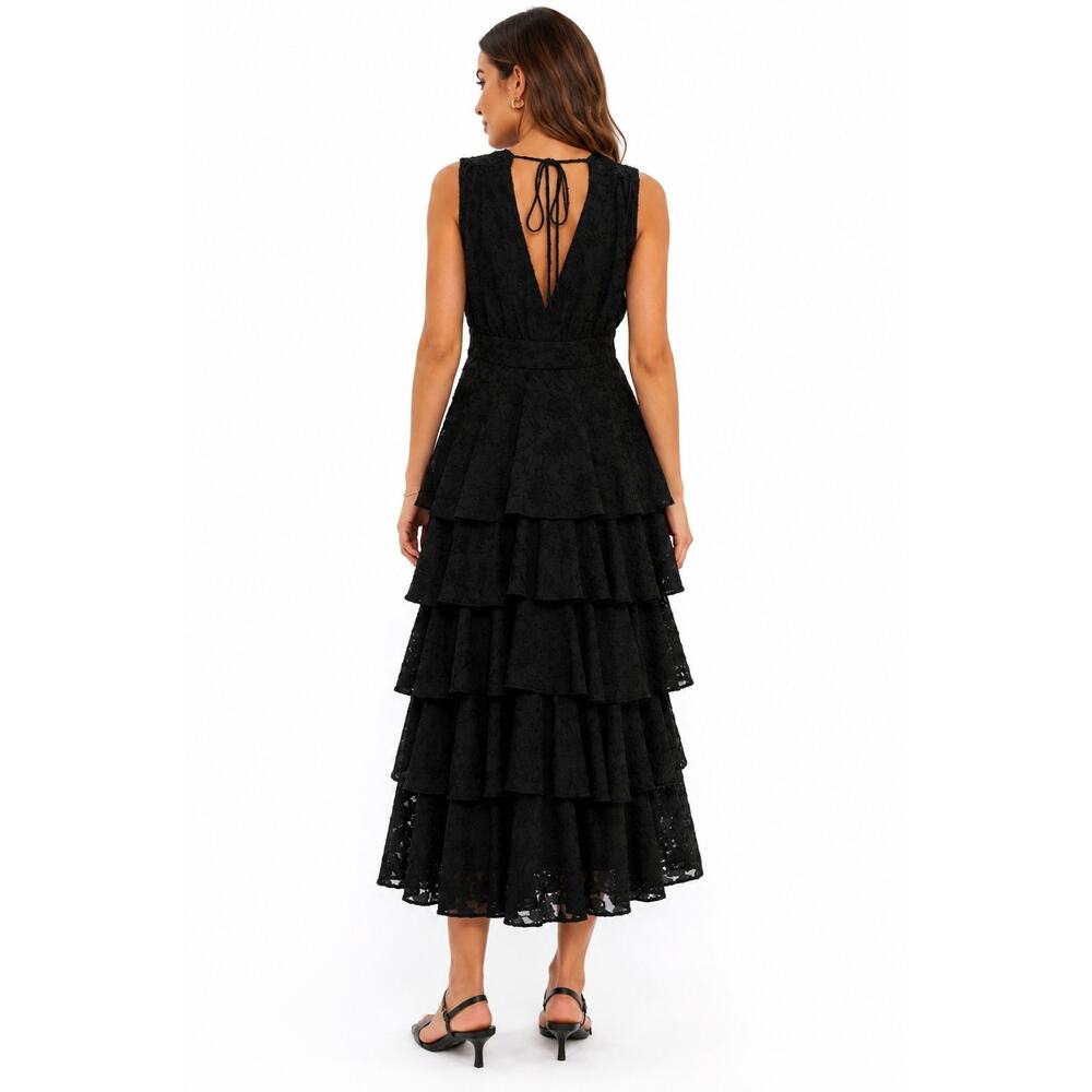 Chelsea28 Sz M Sleeveless Black Tired Midi Dress Bloom Floral Jacquard Ruffle - Picture 3 of 10
